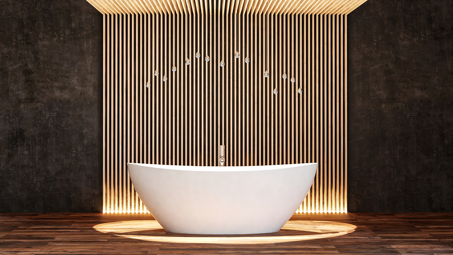 White bath in modern illuminated bathroom with wooden floor. 3d